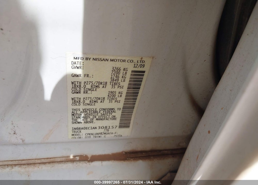 2010 NISSAN TITAN PRO-4X VIN: 1N6BA0EC1AN308157