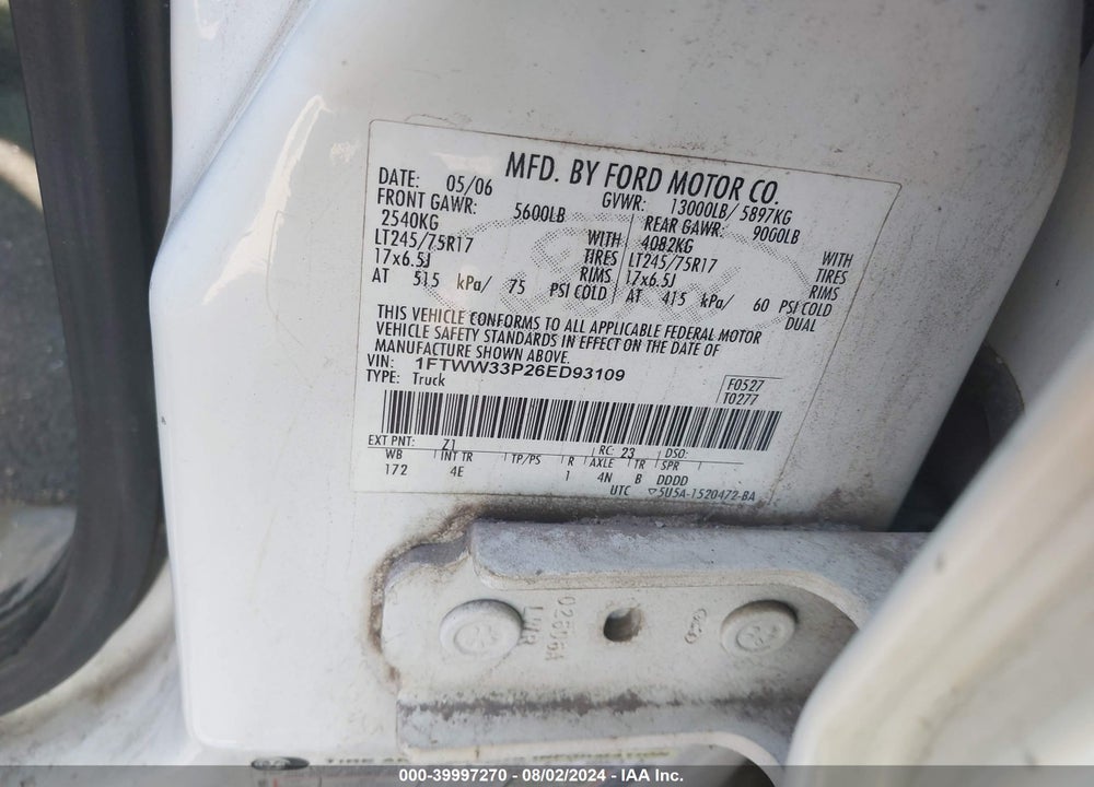 2006 FORD F-350 LARIAT/XL/XLT VIN: 1FTWW33P26ED93109