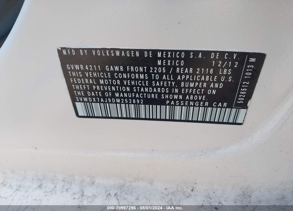 2013 VOLKSWAGEN JETTA 2.5L SE VIN: 3VWDX7AJ9DM252892
