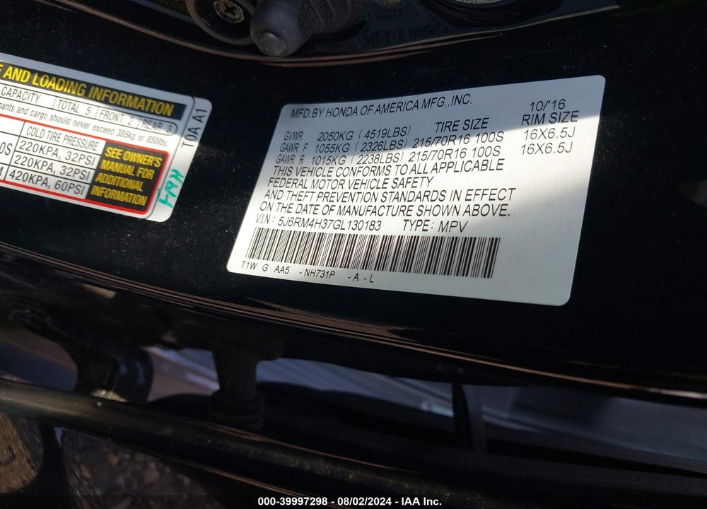 2016 HONDA CR-V LX VIN: 5J6RM4H37GL130183