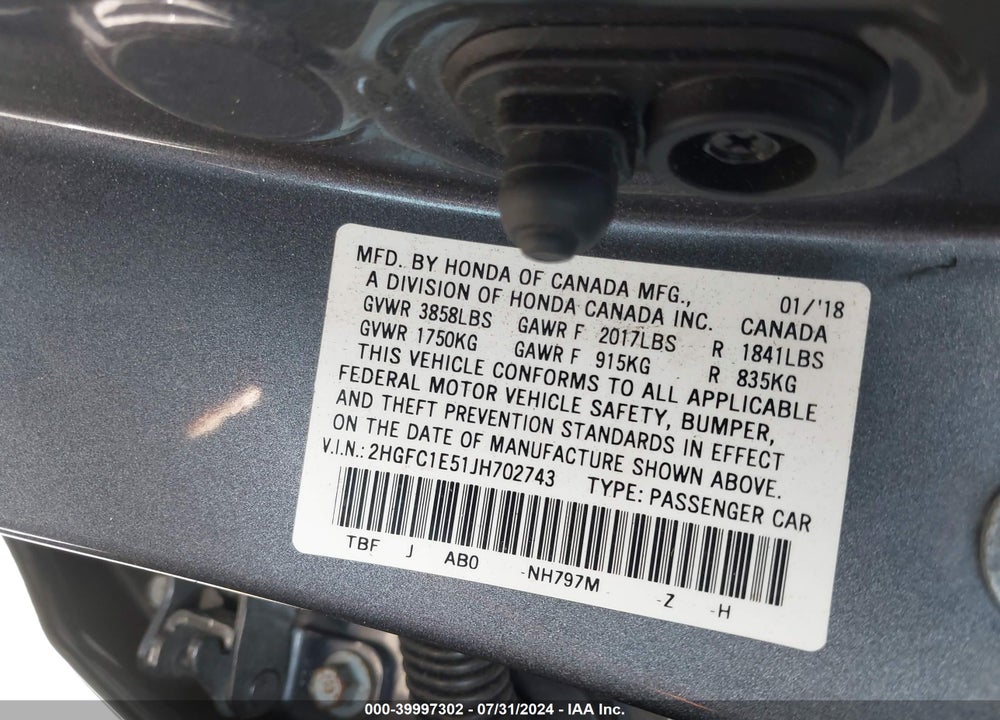 2018 HONDA CIVIC SI VIN: 2HGFC1E51JH702743