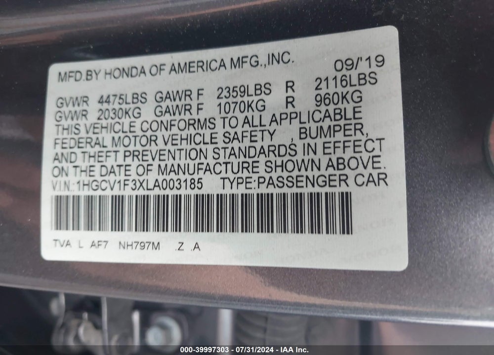 2020 HONDA ACCORD SPORT VIN: 1HGCV1F3XLA003185