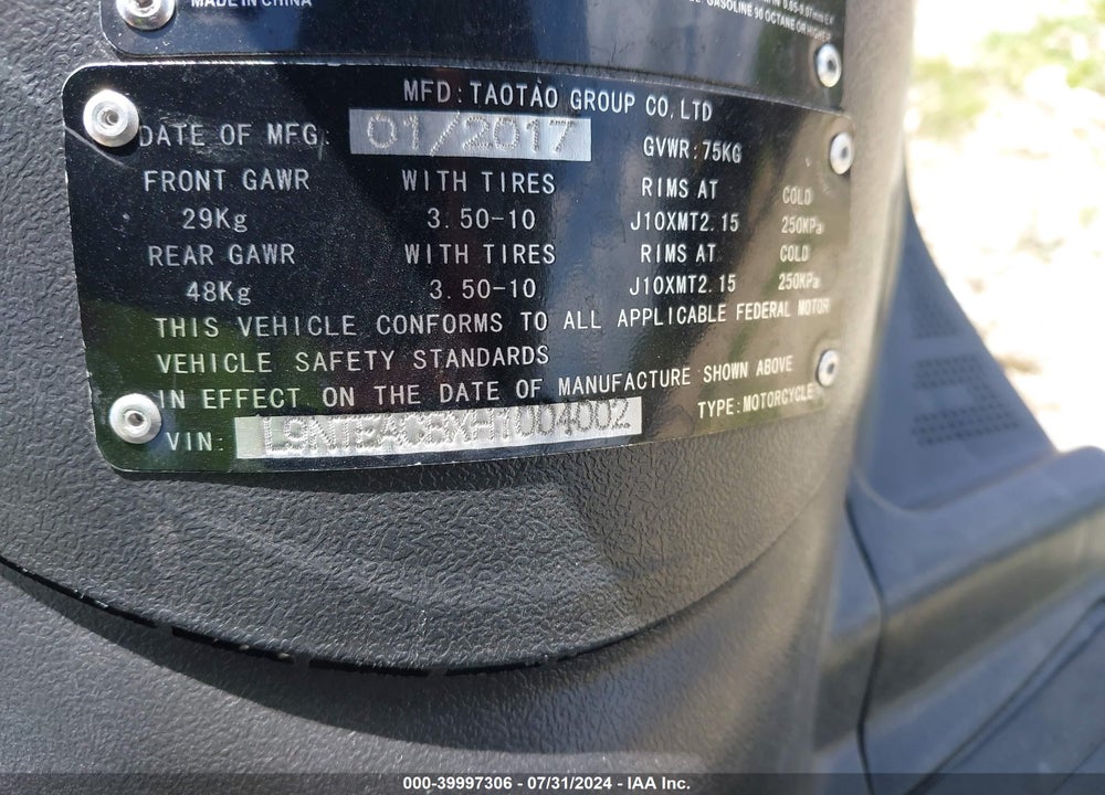 2017 TAO TAO MOPED VIN: L9NTEACBXH1004002