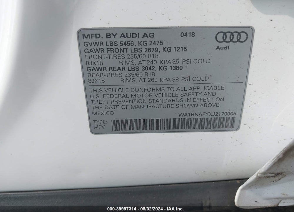 2018 AUDI Q5 2.0T PREMIUM/2.0T TECH PREMIUM VIN: WA1BNAFYXJ2179905