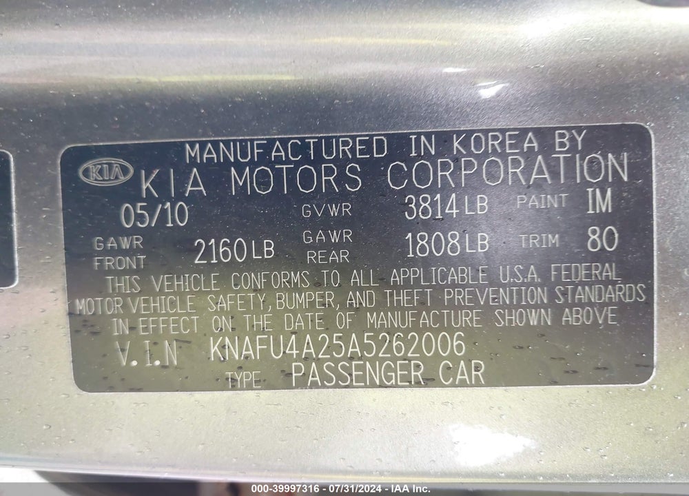 2010 KIA FORTE EX VIN: KNAFU4A25A5262006