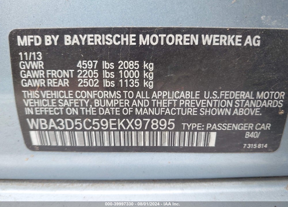 2014 BMW 328D XDRIVE VIN: WBA3D5C59EKX97895
