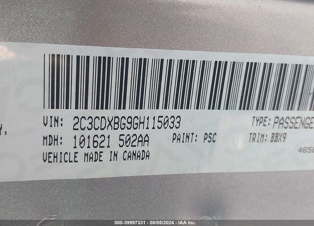 2016 DODGE CHARGER SE VIN: 2C3CDXBG9GH115033