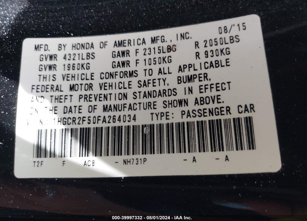 2015 HONDA ACCORD SPORT VIN: 1HGCR2F50FA264034