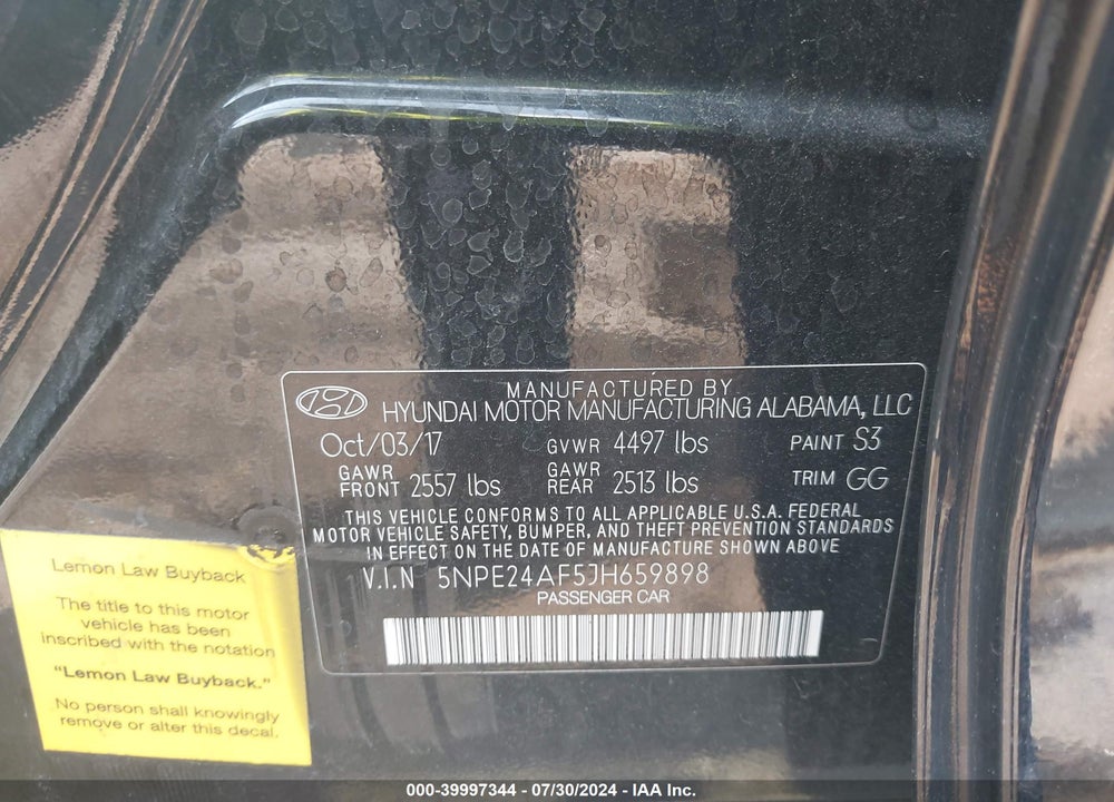 2018 HYUNDAI SONATA SE VIN: 5NPE24AF5JH659898