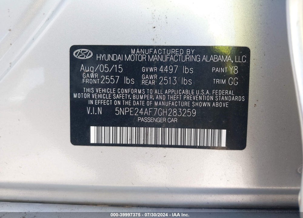 2016 HYUNDAI SONATA SE VIN: 5NPE24AF7GH283259