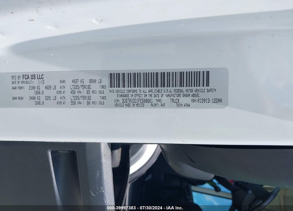 2015 RAM PROMASTER 2500 HIGH ROOF VIN: 3C6TRVDD1FE508661