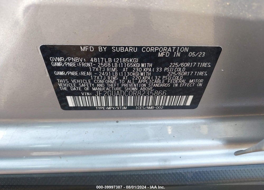 2024 SUBARU CROSSTREK PREMIUM VIN: JF2GUADC0R8235866