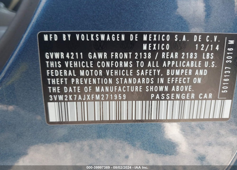 2015 VOLKSWAGEN JETTA 2.0L S VIN: 3VW2K7AJXFM271959