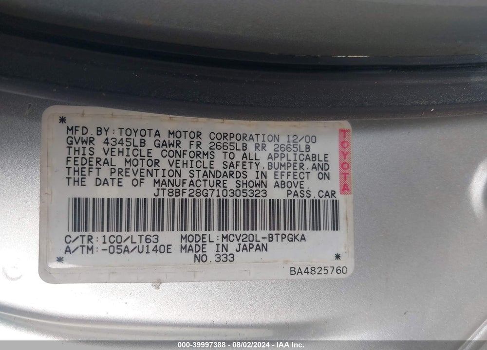 2001 LEXUS ES 300 VIN: JT8BF28G710305323