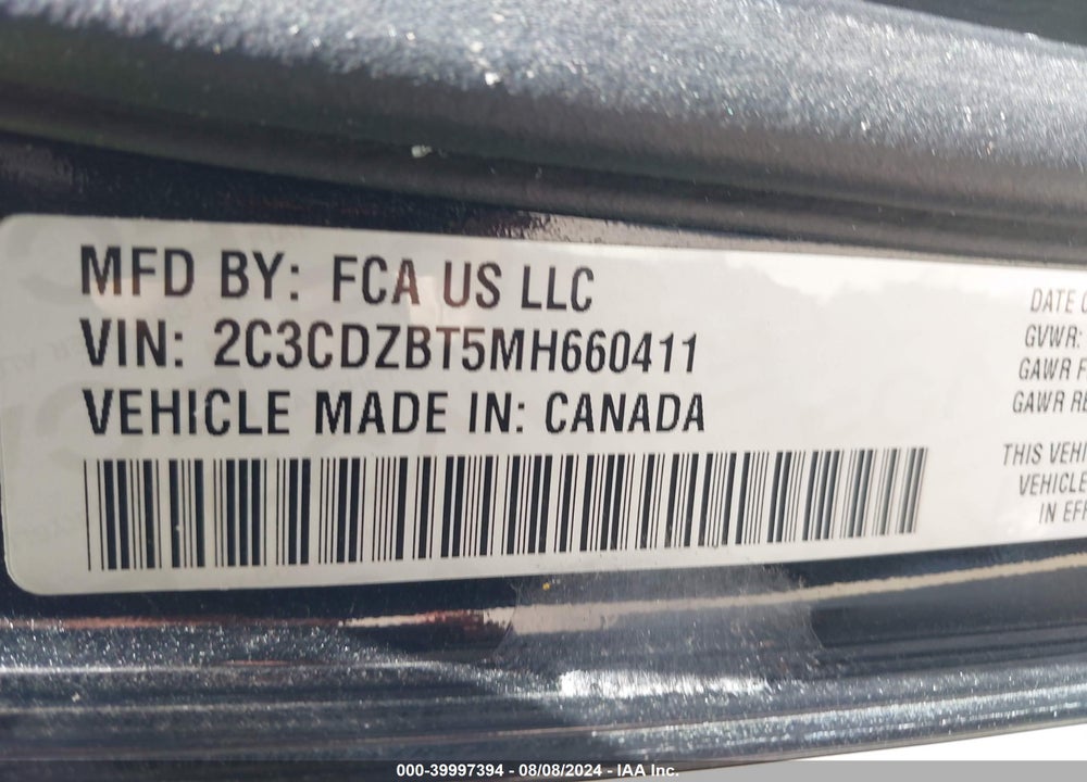 2021 DODGE CHALLENGER R/T VIN: 2C3CDZBT5MH660411