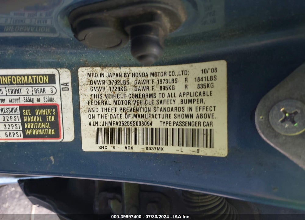 2009 HONDA CIVIC HYBRID VIN: JHMFA36259S008094