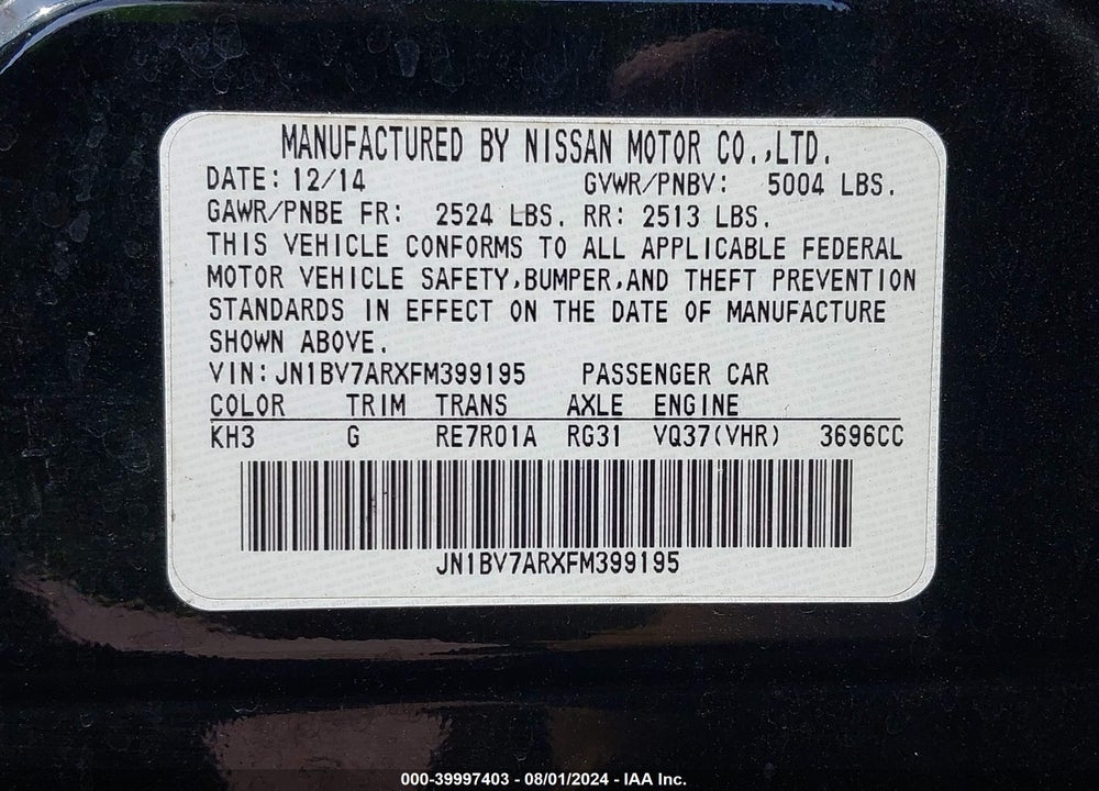 2015 INFINITI Q50 PREMIUM/SPORT VIN: JN1BV7ARXFM399195