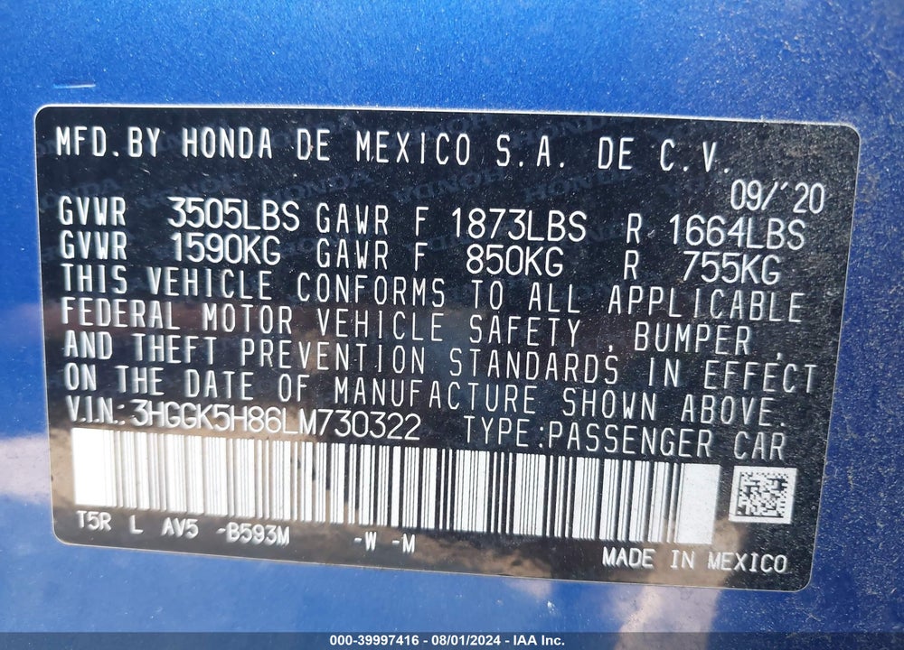 2020 HONDA FIT EX VIN: 3HGGK5H86LM730322