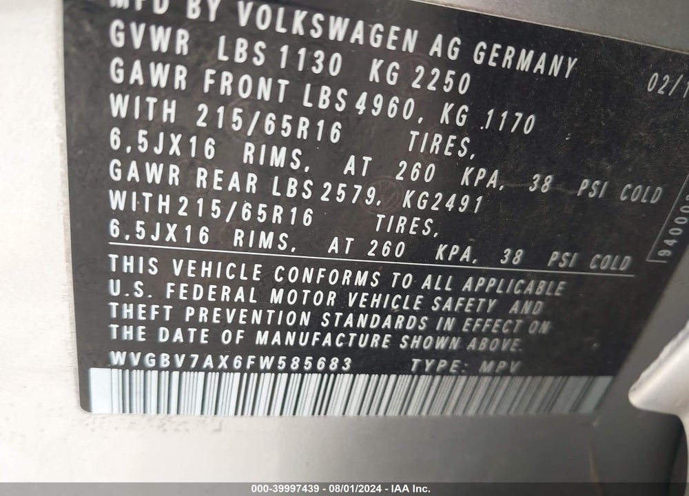 2015 VOLKSWAGEN TIGUAN S VIN: WVGBV7AX6FW585683