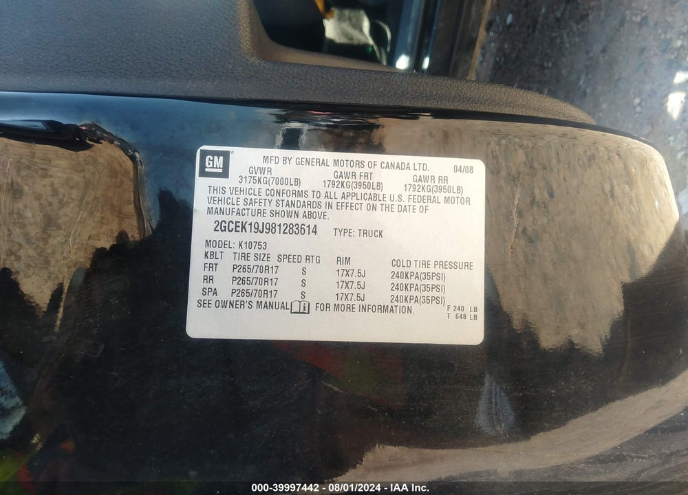 2008 CHEVROLET SILVERADO 1500 LT1 VIN: 2GCEK19J981283614