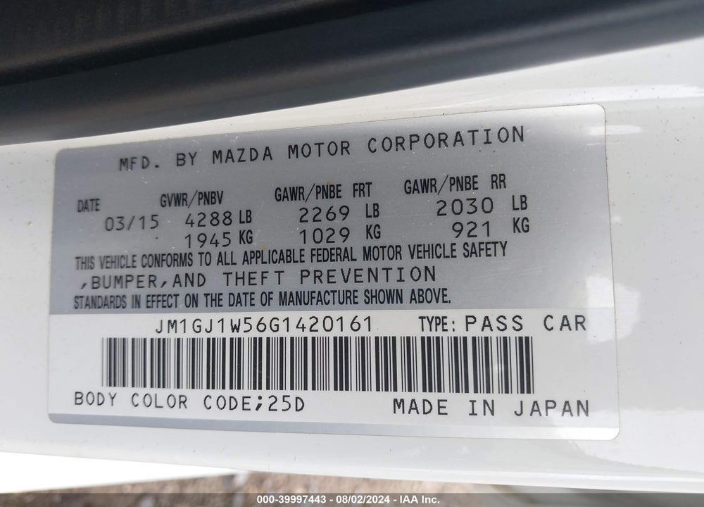 2016 MAZDA 6 I GRAND TOURING VIN: JM1GJ1W56G1420161