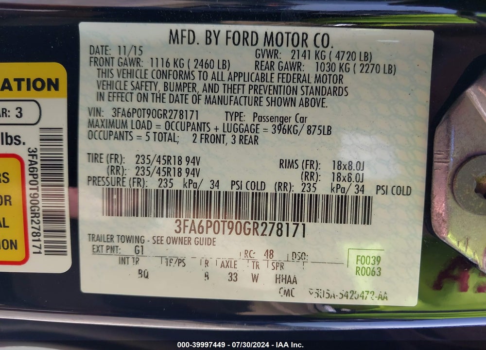 2016 FORD FUSION SE VIN: 3FA6P0T90GR278171