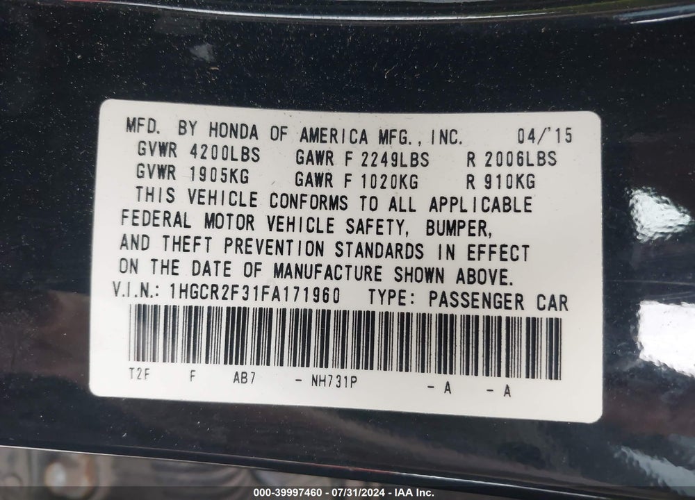 2015 HONDA ACCORD LX VIN: 1HGCR2F31FA171960