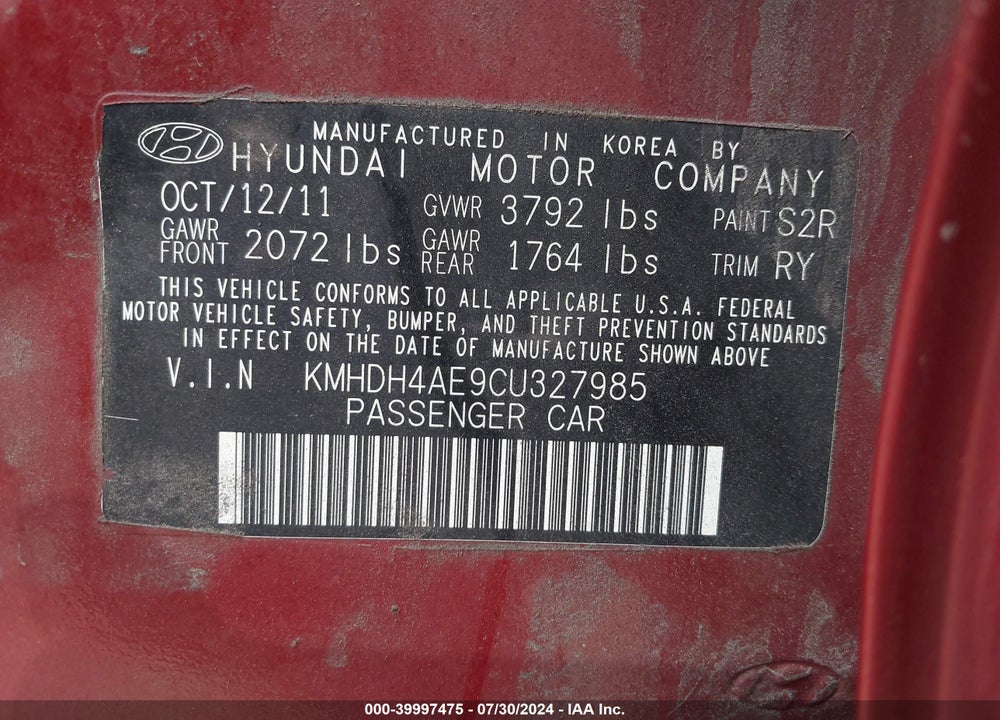 2012 HYUNDAI ELANTRA LIMITED (ULSAN PLANT) VIN: KMHDH4AE9CU327985
