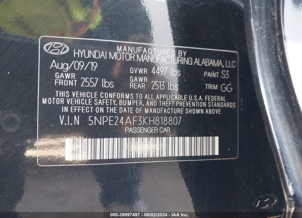 2019 HYUNDAI SONATA VIN: 5NPE24AF3KH818807