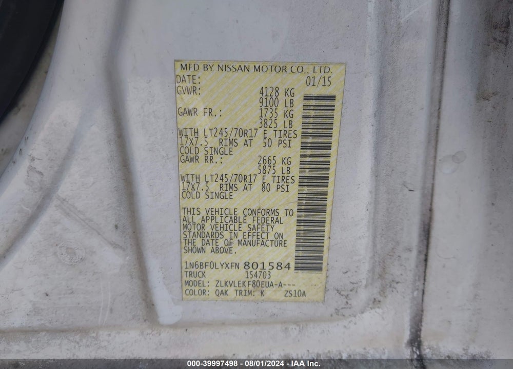 2015 NISSAN NV CARGO NV2500 HD SV V6 VIN: 1N6BF0LYXFN801584