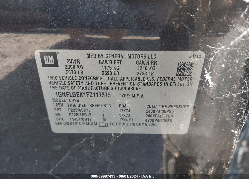 2015 CHEVROLET EQUINOX 2LT VIN: 1GNFLGEK1FZ117375