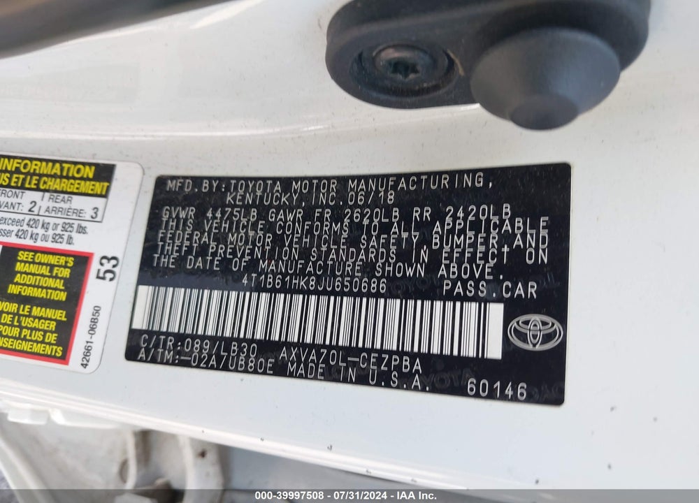 2018 TOYOTA CAMRY XSE VIN: 4T1B61HK8JU650686