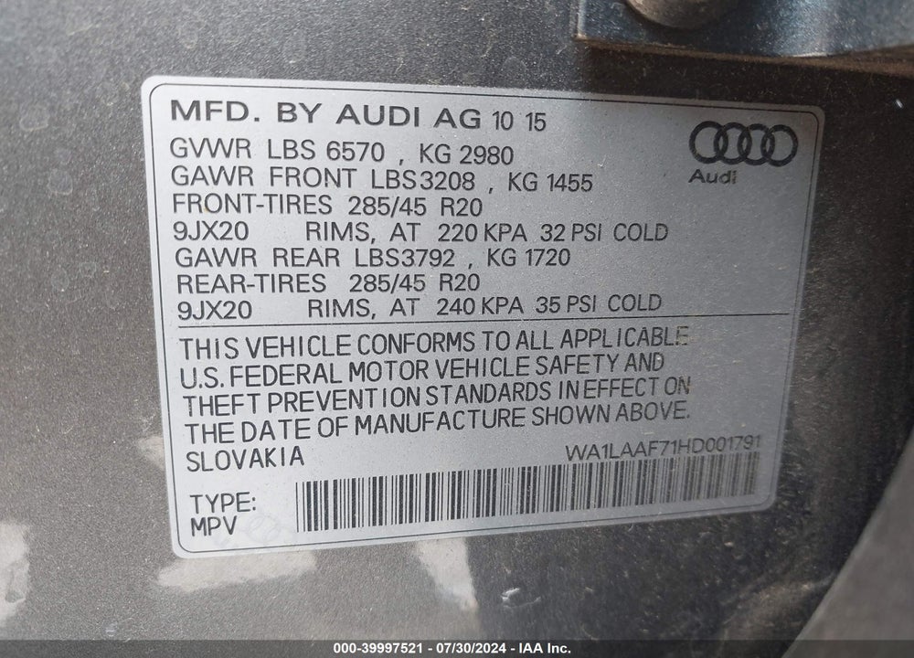 2017 AUDI Q7 3.0T PREMIUM VIN: WA1LAAF71HD001791
