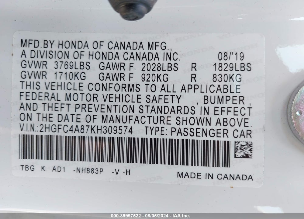 2019 HONDA CIVIC SPORT VIN: 2HGFC4A87KH309574