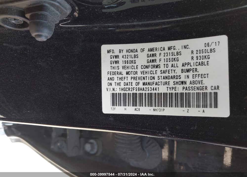 2017 HONDA ACCORD SPORT VIN: 1HGCR2F59HA253441