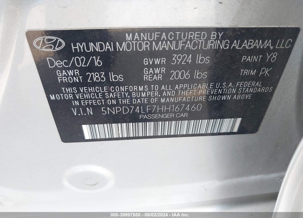 2017 HYUNDAI ELANTRA SE VIN: 5NPD74LF7HH167460