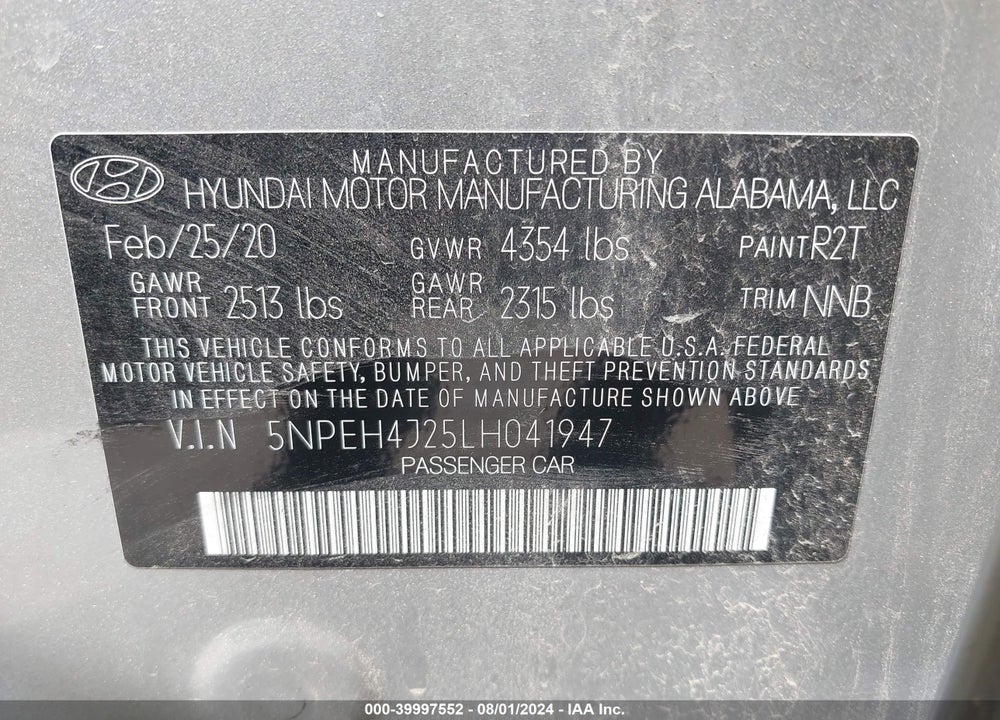 2020 HYUNDAI SONATA LIMITED VIN: 5NPEH4J25LH041947