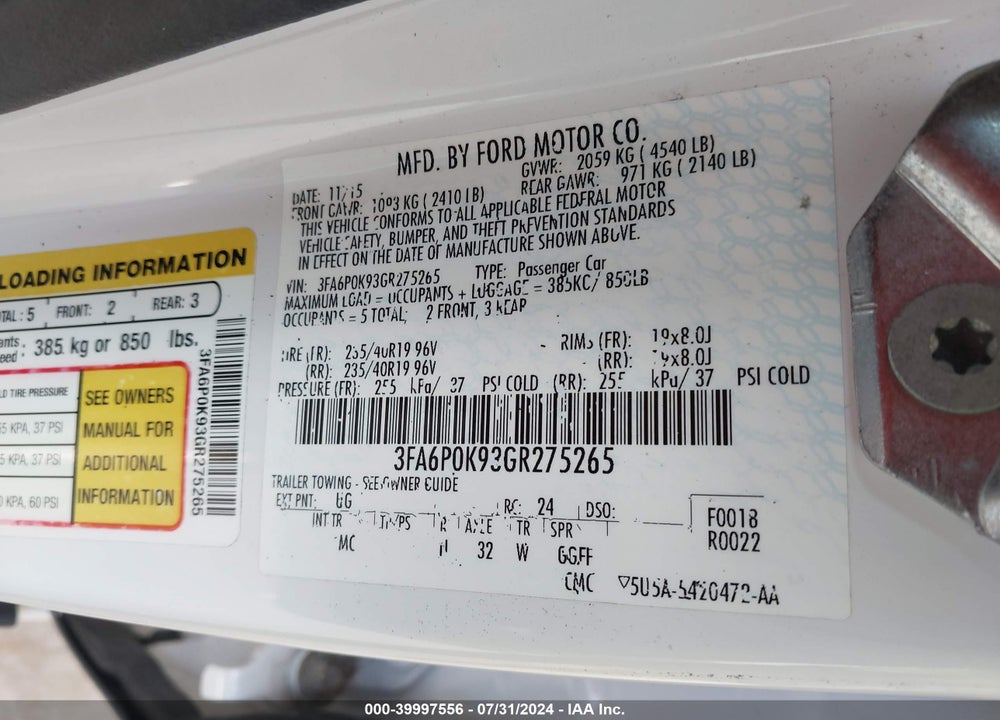 2016 FORD FUSION TITANIUM VIN: 3FA6P0K93GR275265