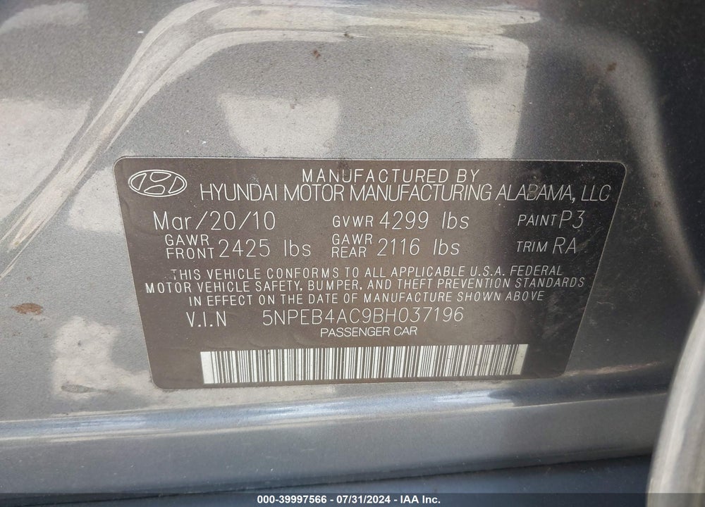 2011 HYUNDAI SONATA GLS VIN: 5NPEB4AC9BH037196