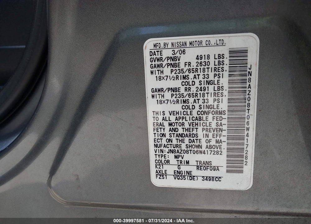 2006 NISSAN MURANO SL VIN: JN8AZ08T06W417282