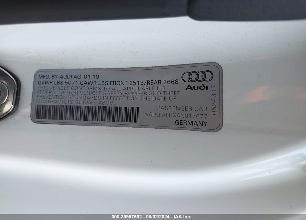 2010 AUDI A5 2.0T PREMIUM VIN: WAULFAFHXAN017677