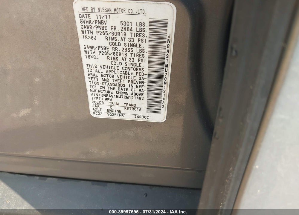 2012 INFINITI FX35 VIN: JN8AS1MU7CM121482