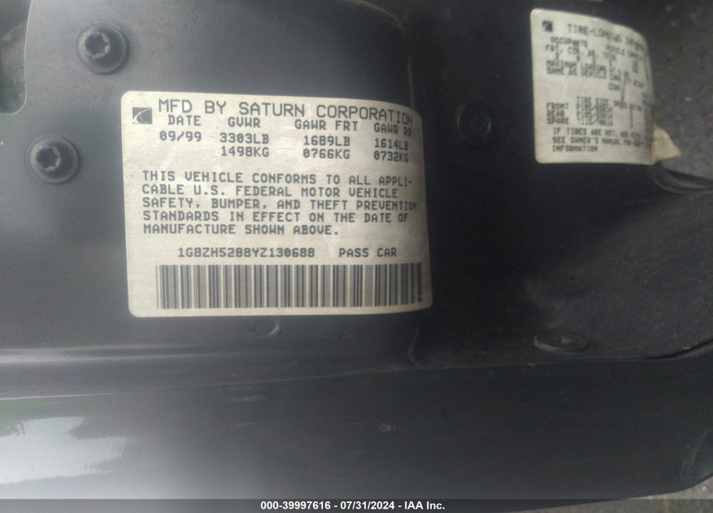 2000 SATURN SL1 VIN: 1G8ZH5288YZ130688