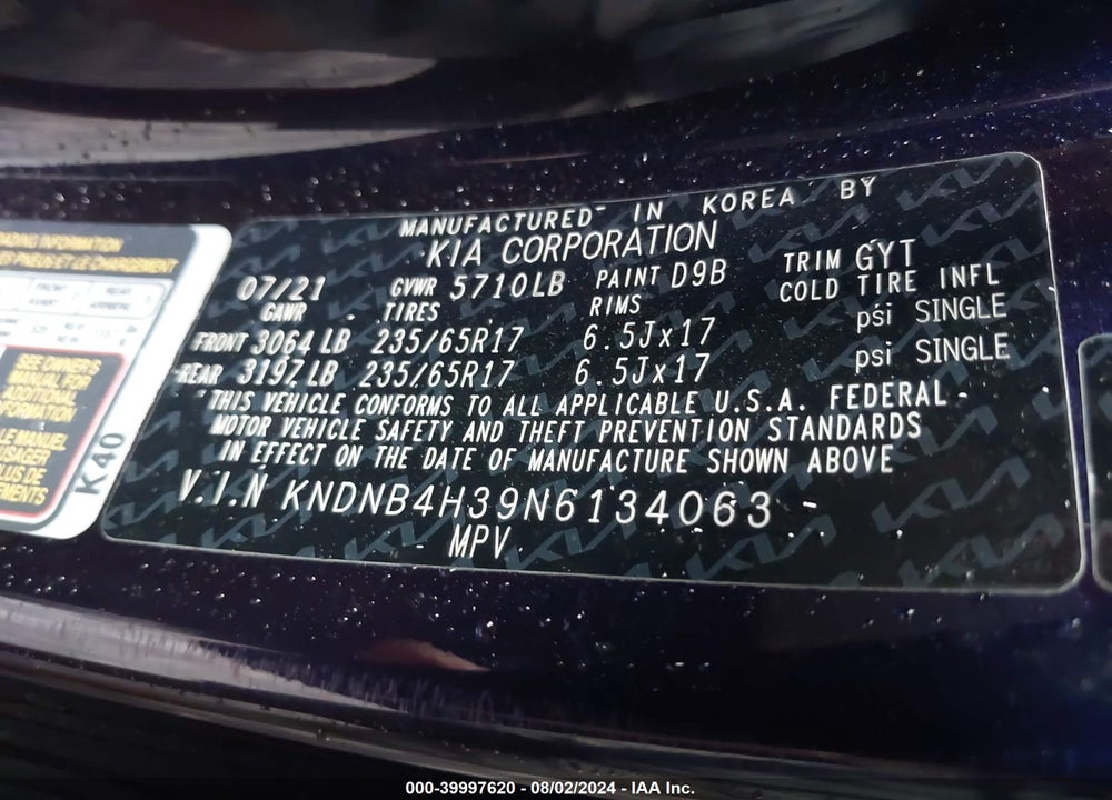 2022 KIA CARNIVAL MPV LX VIN: KNDNB4H39N6134063