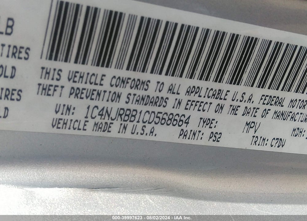 2012 JEEP PATRIOT SPORT VIN: 1C4NJRBB1CD568664
