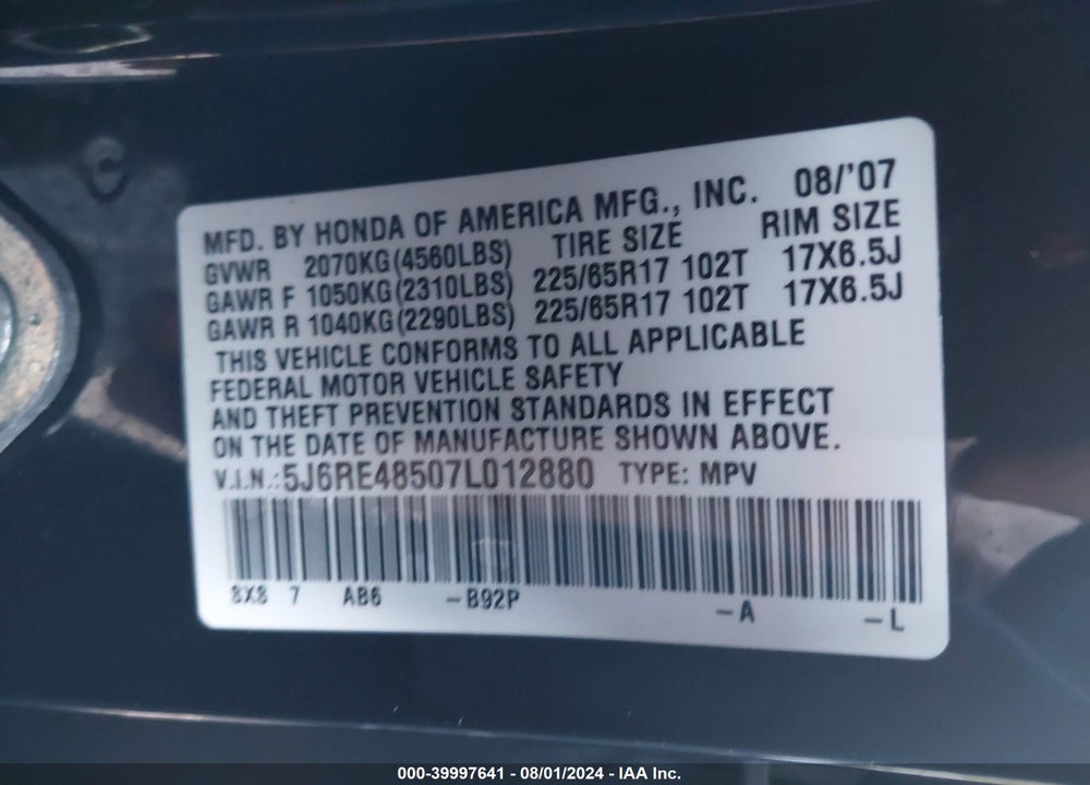 2007 HONDA CR-V EX VIN: 5J6RE48507L012880