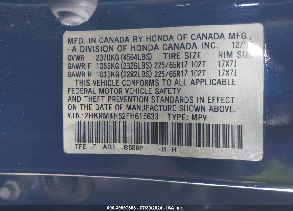 2015 HONDA CR-V EX VIN: 2HKRM4H52FH615633