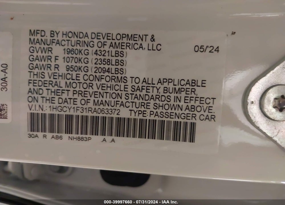 2024 HONDA ACCORD EX VIN: 1HGCY1F31RA063372