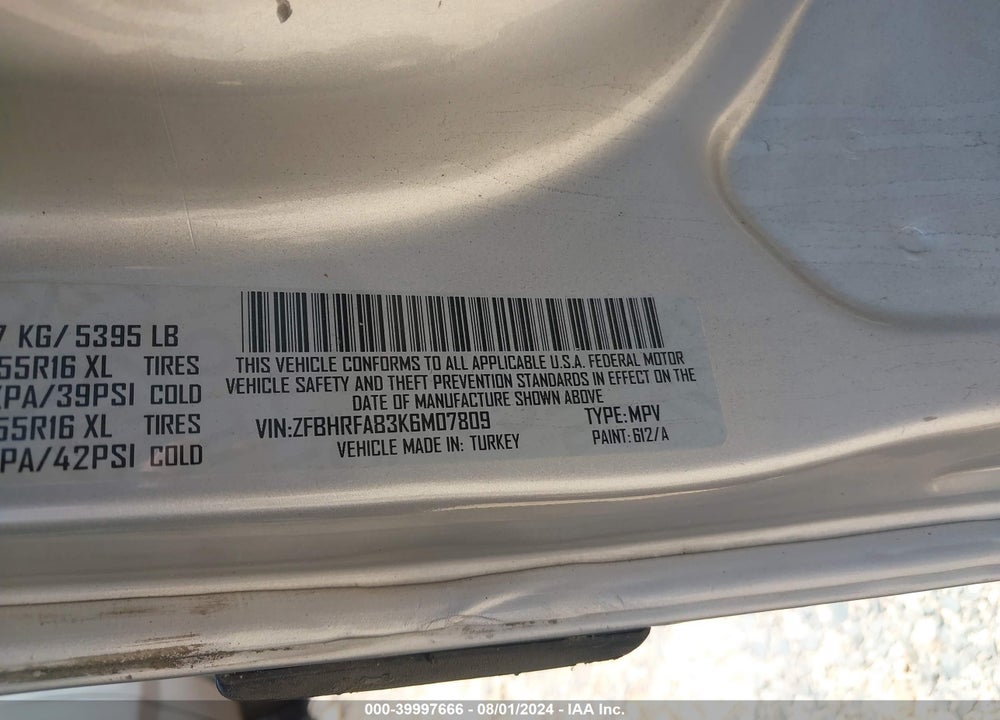 2019 RAM PROMASTER CITY TRADESMAN VIN: ZFBHRFAB3K6M07809