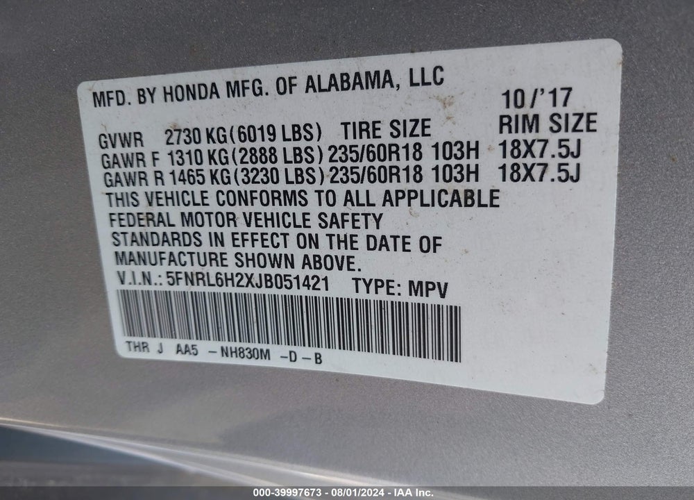 2018 HONDA ODYSSEY LX VIN: 5FNRL6H2XJB051421